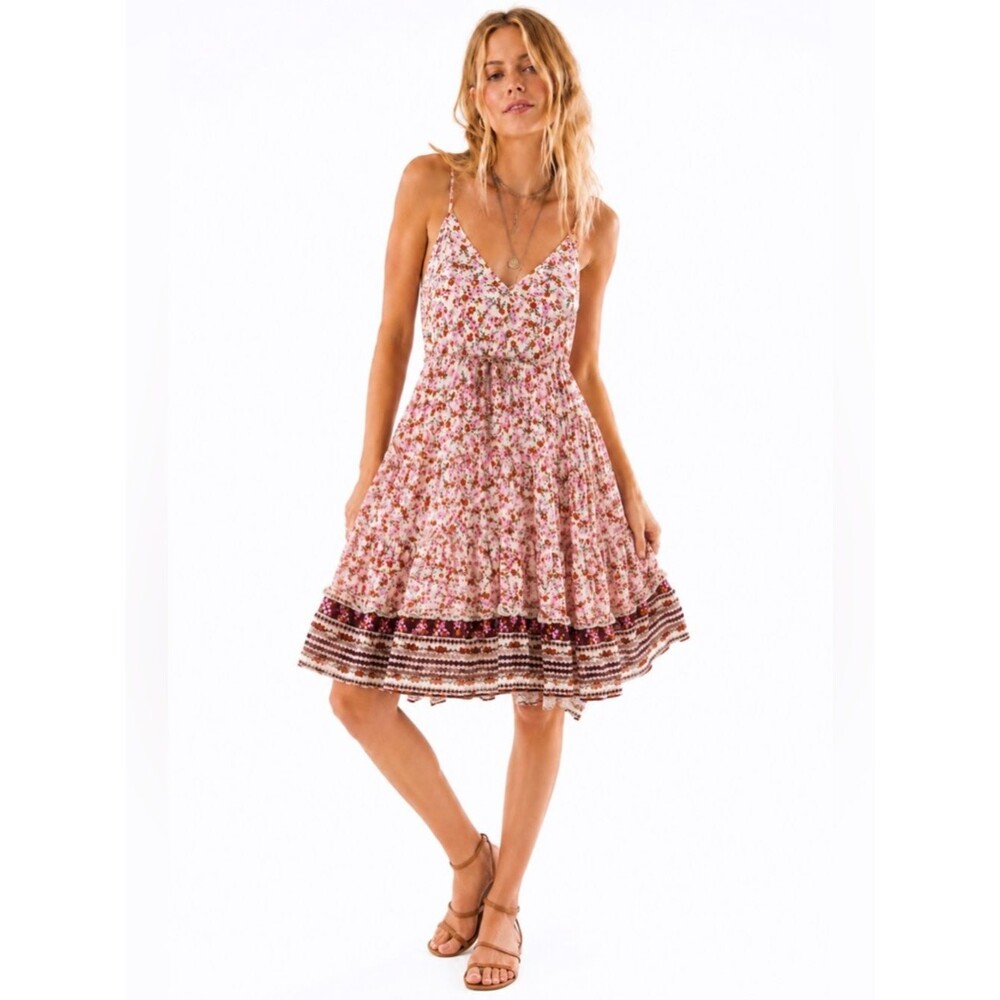 JAASE Womens Floral Babydoll Mini Dress Medium Pink Ruffle Boho Cottagecore New